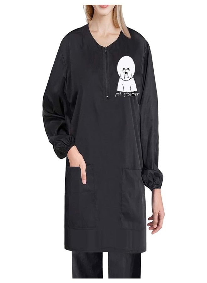EHERDM Waterproof Pet Grooming Smock with Zipper Long Sleeves Pet Grooming Work Clothes with Two Pockets Dog Cosmetologist Uniforms Smocks for Women Men Bichon M - Image 1